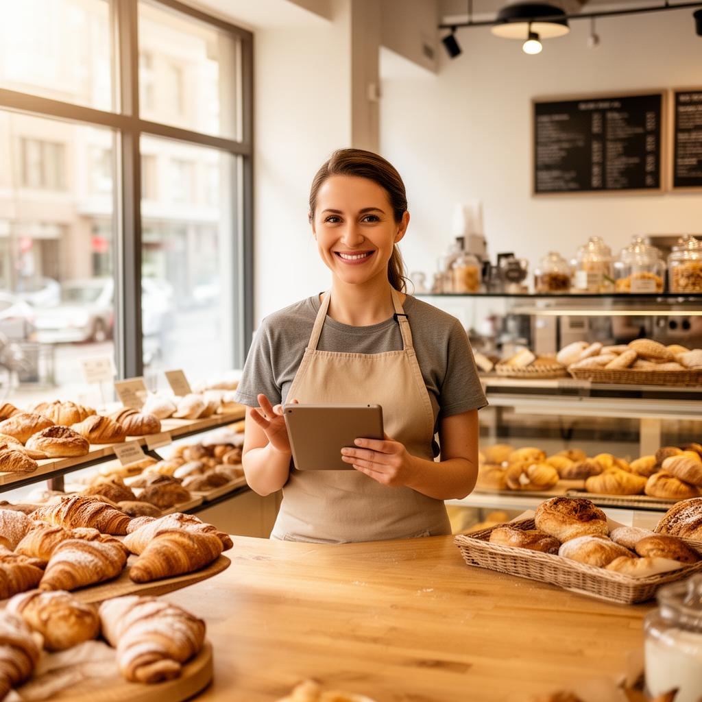 Bakery owner using the WE+ merchant tablet
